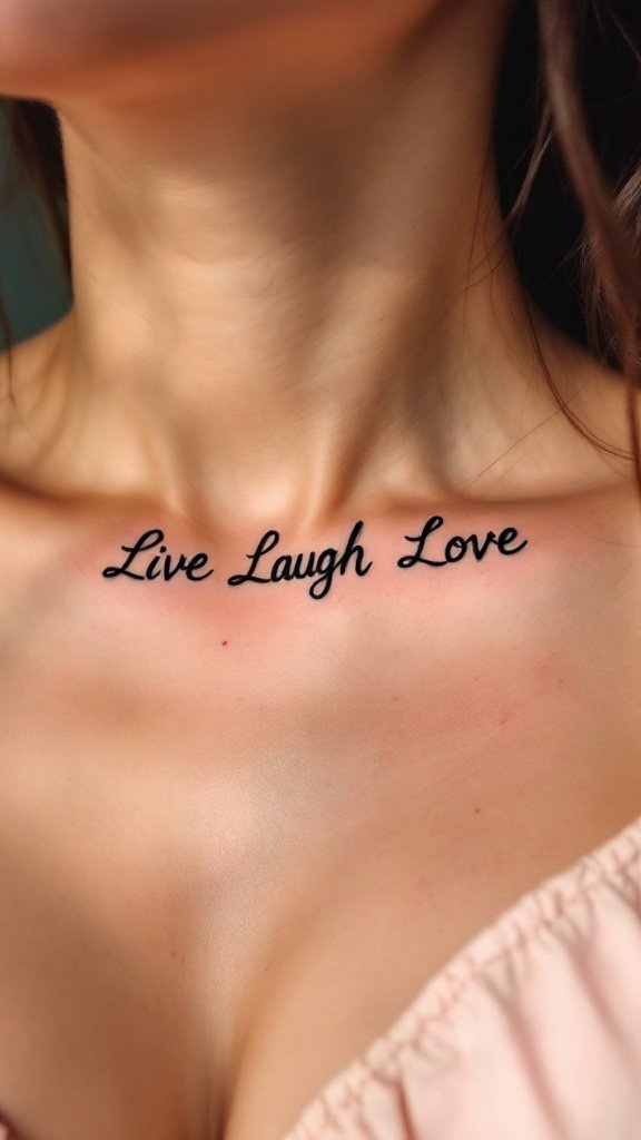 A tattoo that says 'Live Laugh Love' on a person's chest.