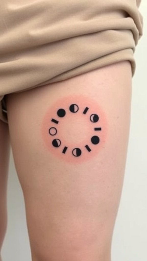 Minimalist moon phases tattoo arranged in a small circle on the thigh.