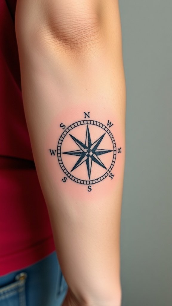 Minimalist compass tattoo with cardinal directions