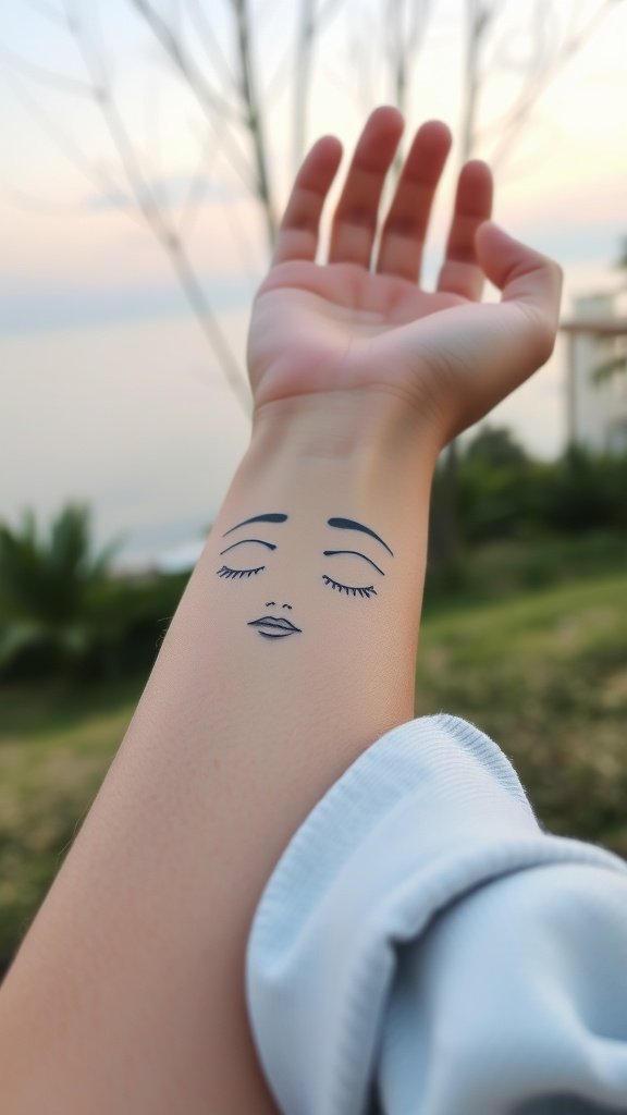 A minimalist face outline tattoo on a person's forearm, with the ocean and greenery in the background.