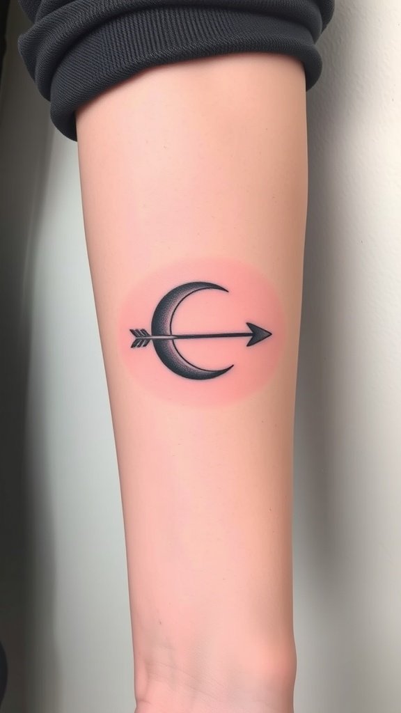 Minimalist tattoo of a crescent moon with an arrow