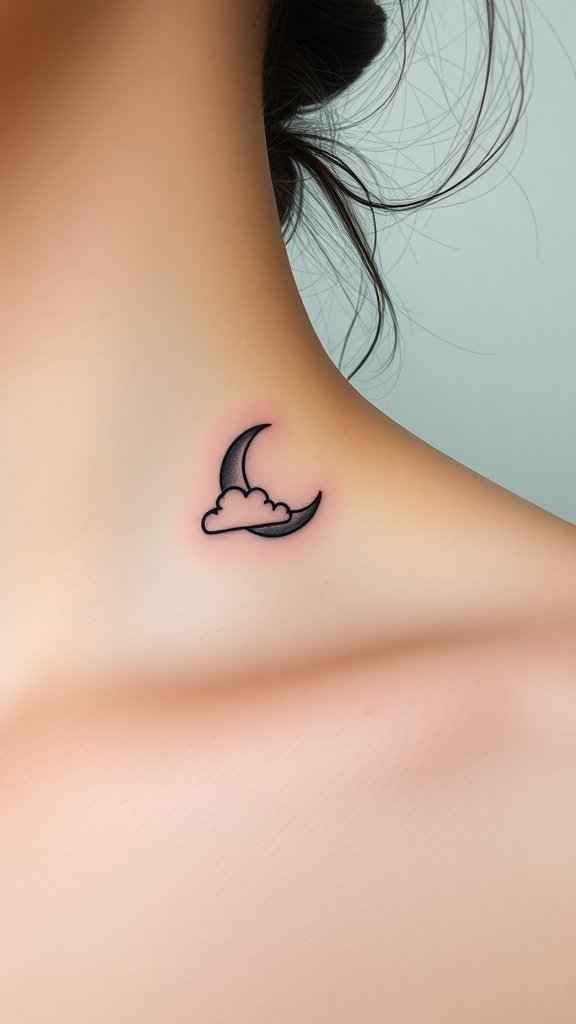 Minimalist tattoo of a crescent moon and cloud on a person's neck