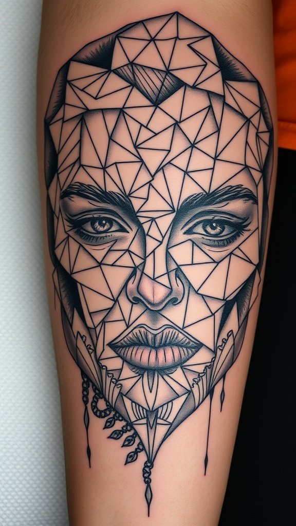 A mosaic style face portrait tattoo featuring geometric shapes and intricate details.