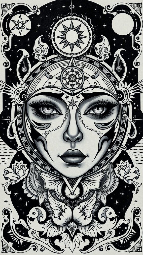 A detailed line art tattoo featuring a face surrounded by celestial symbols and floral elements.