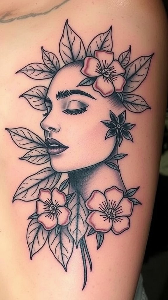 A tattoo of a woman's face surrounded by flowers and leaves.