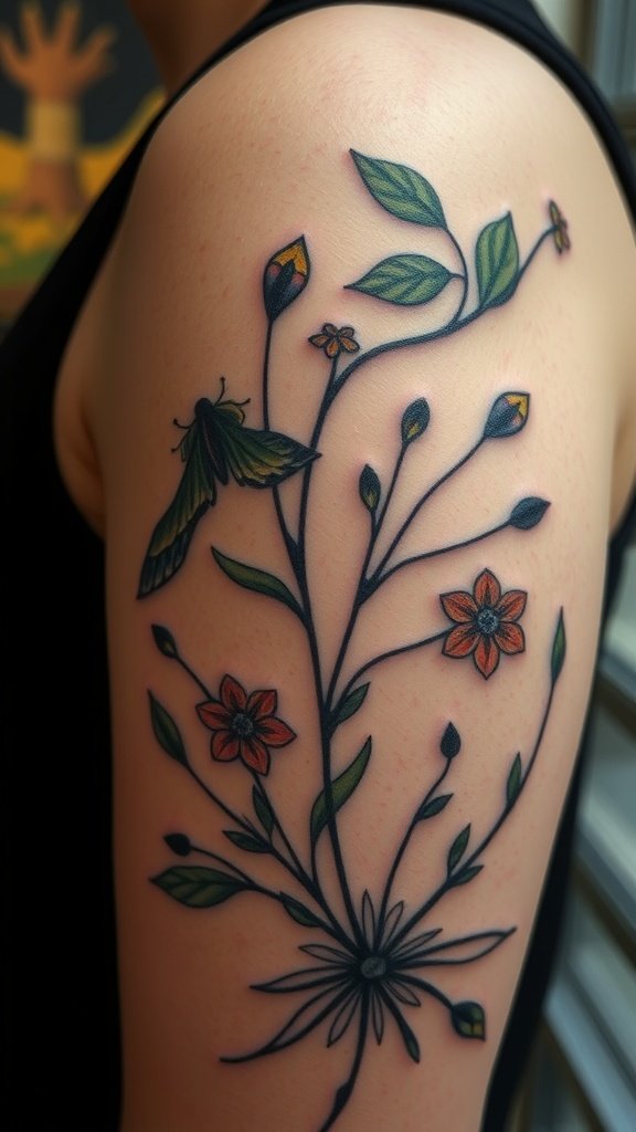 Nature-inspired fine line portrait tattoo featuring flowers and leaves.