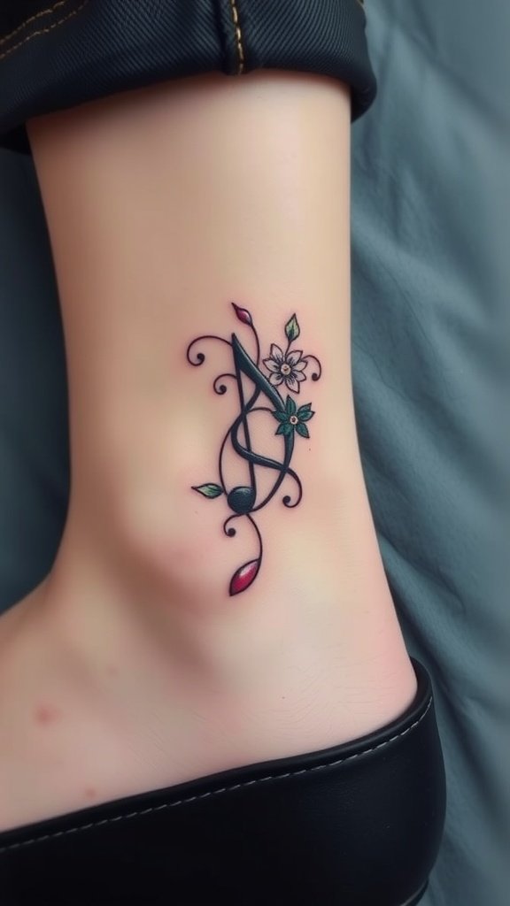 A small tattoo of a music note with colorful flowers and leaves on an ankle.