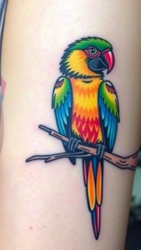 Colorful parrot tattoo on a person's arm