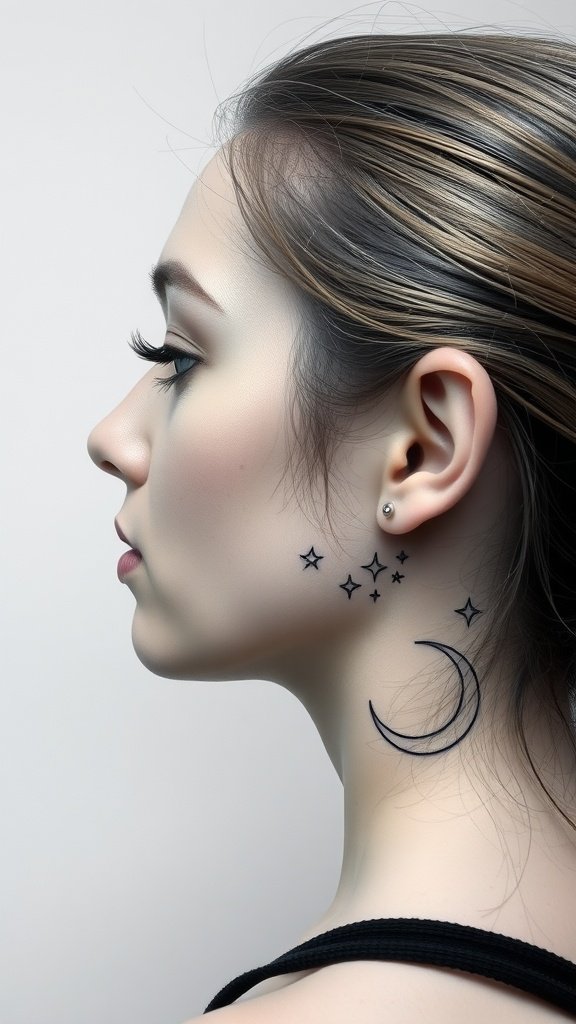 Profile portrait tattoo featuring a moon and stars design on the neck.