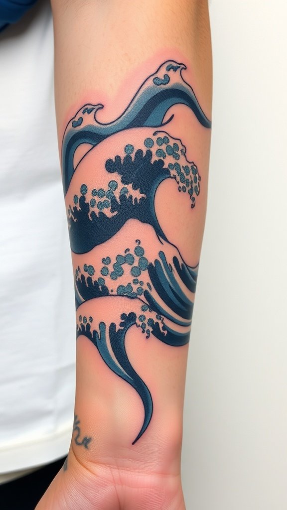 A vibrant ribbon wave tattoo on the forearm, showcasing flowing lines and oceanic colors.