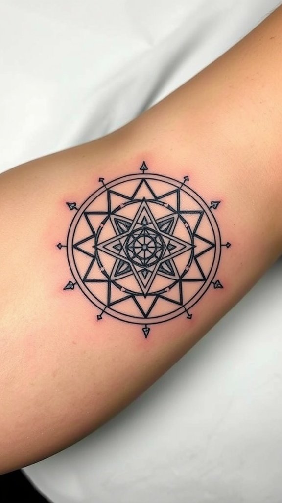 A detailed sacred geometry circle tattoo on an arm.