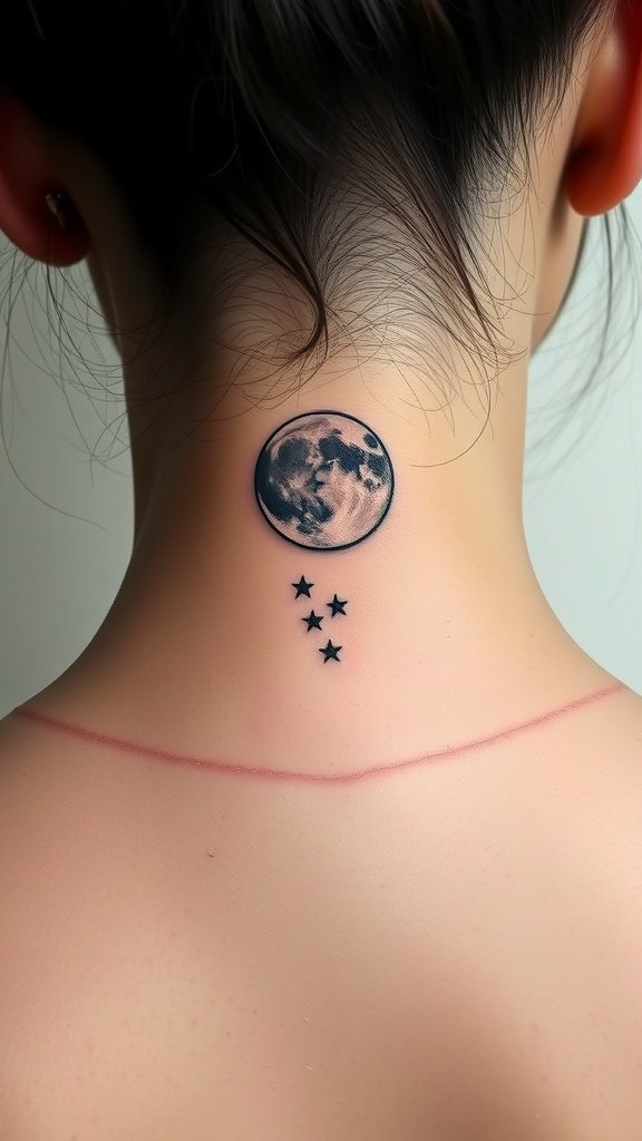 A tattoo of a moon with stars around it, located on the back of a person's neck.