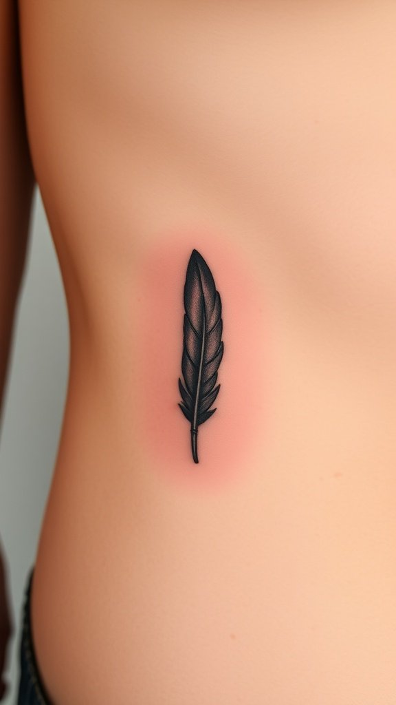 A single feather tattoo with shading on the side of a person's torso.