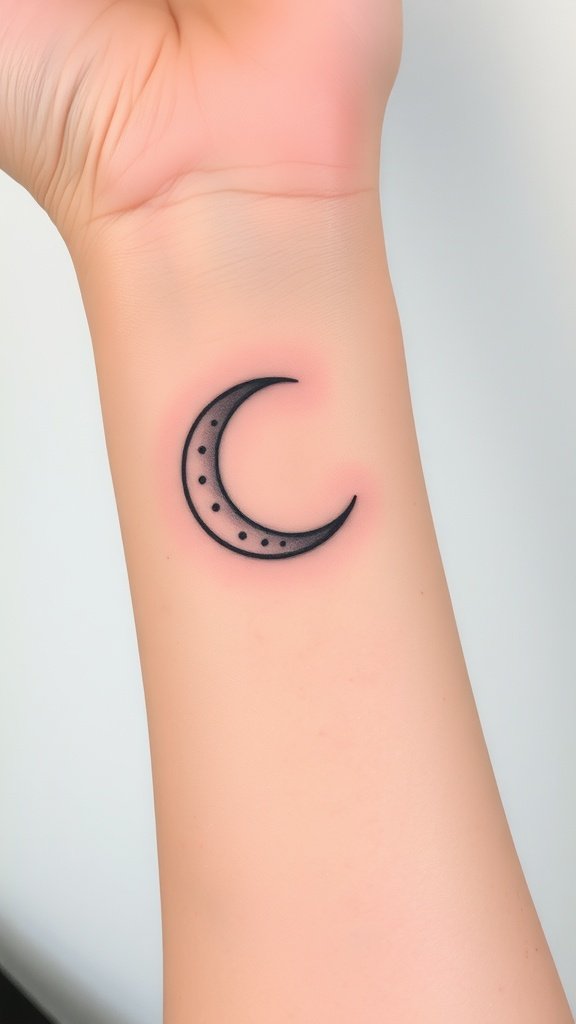 Stylized crescent moon tattoo with dots on a wrist