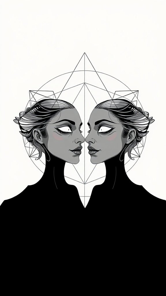 Abstract tattoo design featuring two symmetrical faces.