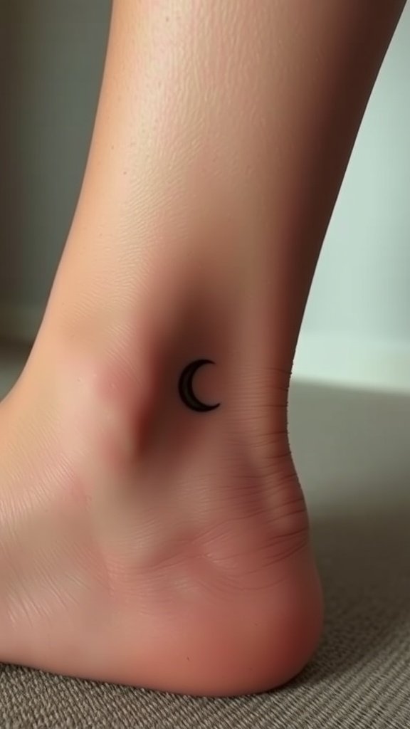 A close-up of a tiny crescent moon tattoo on an ankle.