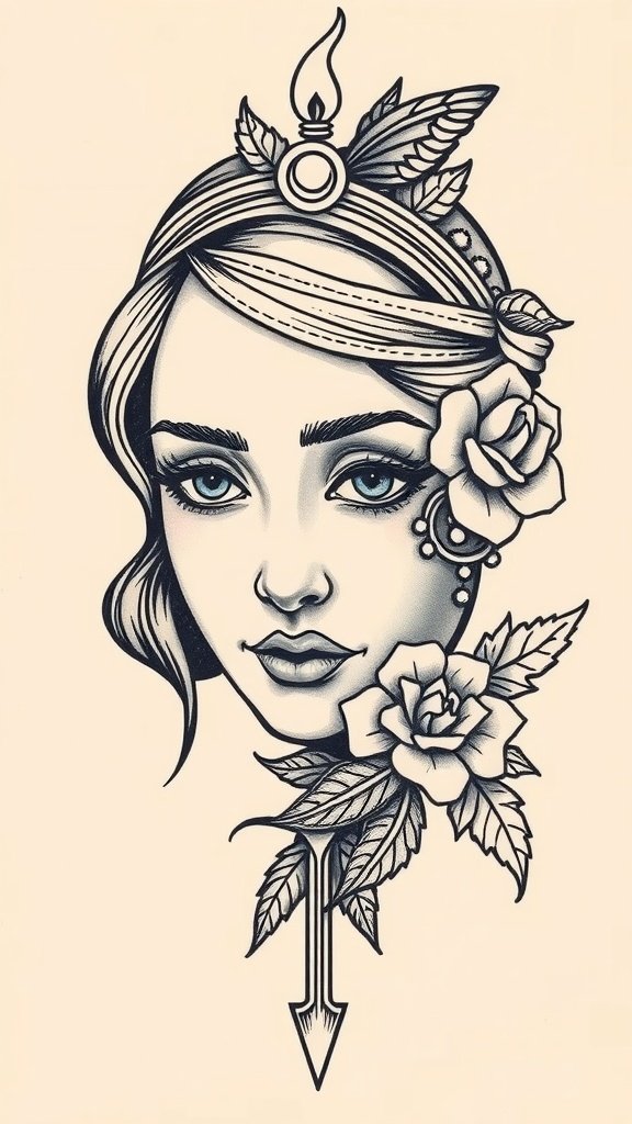 A vintage-inspired fine line tattoo of a woman's face with floral elements.