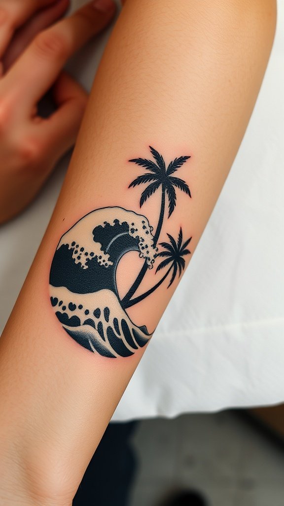 A tattoo design featuring a wave and palm trees on a person's forearm.