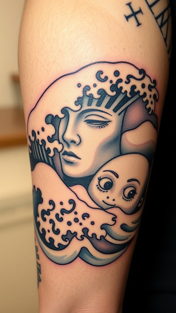 A tattoo featuring waves and a face, with a stylized design.