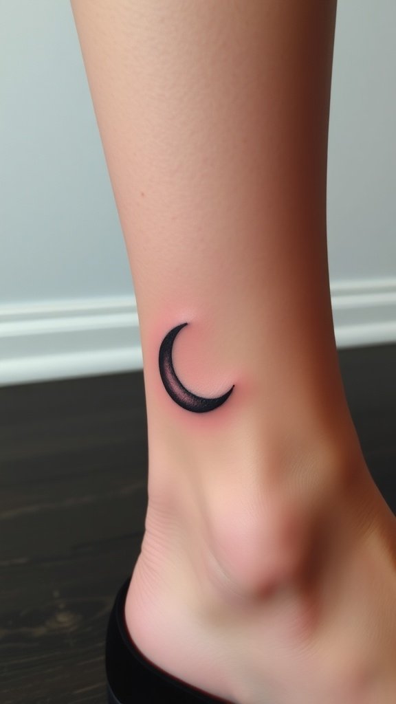 Minimalist waxing crescent moon tattoo on an ankle