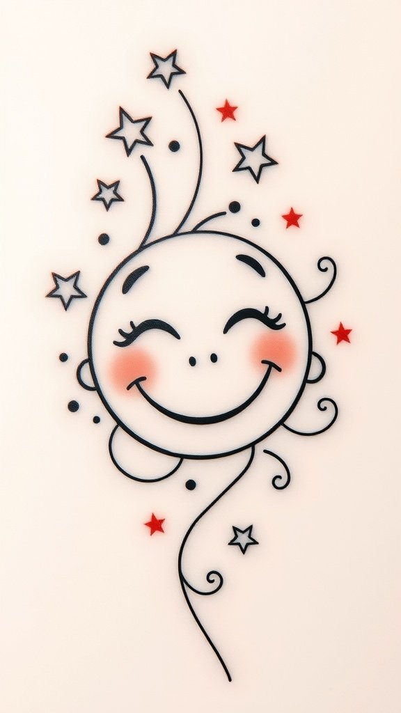A whimsical tattoo of a smiling face surrounded by stars