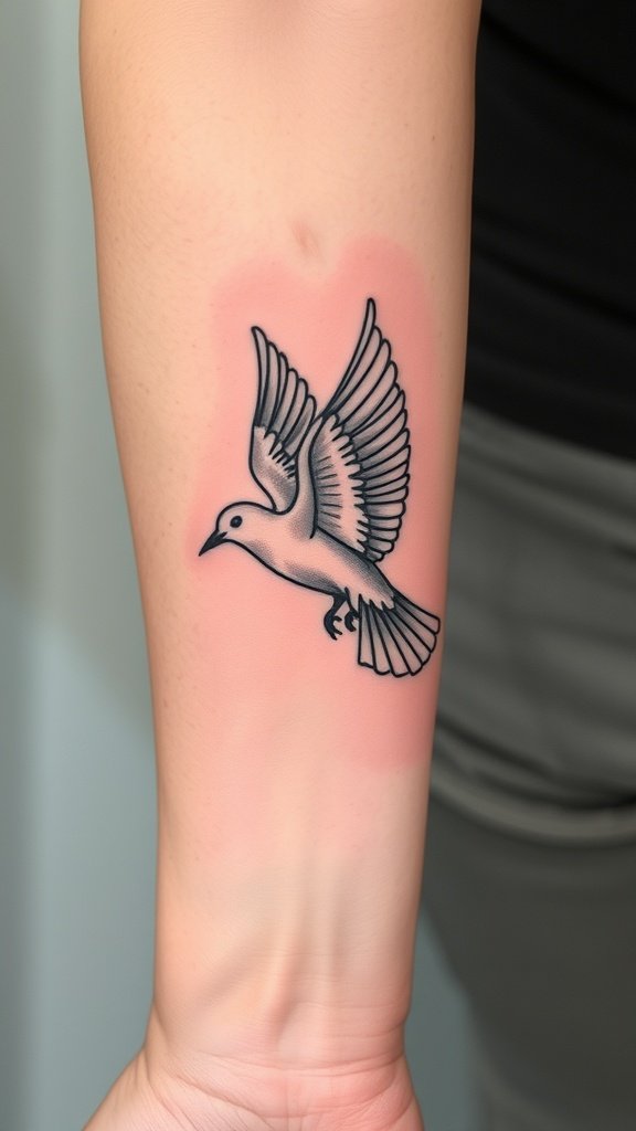 Minimalist tattoo of a bird in flight on an arm