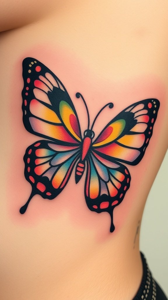 An abstract butterfly tattoo with vibrant colors and unique design.