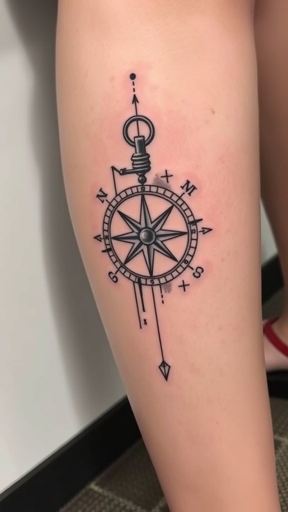 Abstract compass tattoo design on a person's leg.