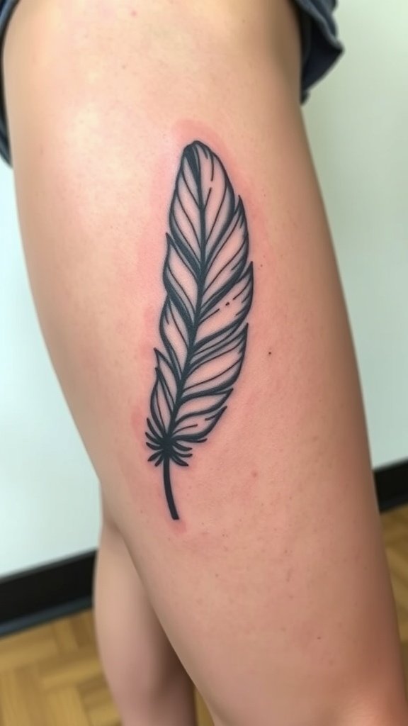 An abstract feather tattoo on a person's thigh, showcasing clean lines and minimal details.