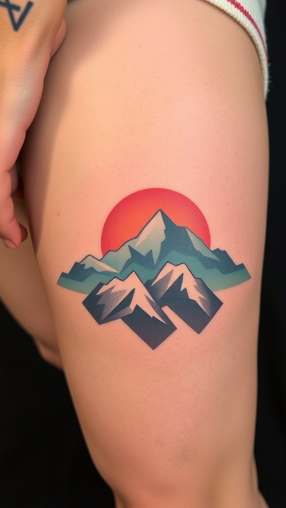A colorful abstract mountain range tattoo featuring a sunset.