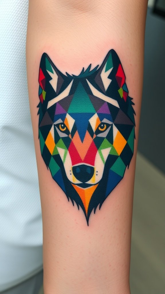 Abstract polygonal wolf head tattoo with vibrant colors and geometric shapes
