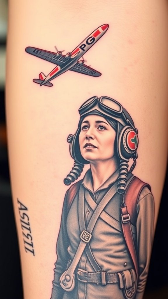 Tattoo of Amelia Earhart in pilot gear with an airplane above her.