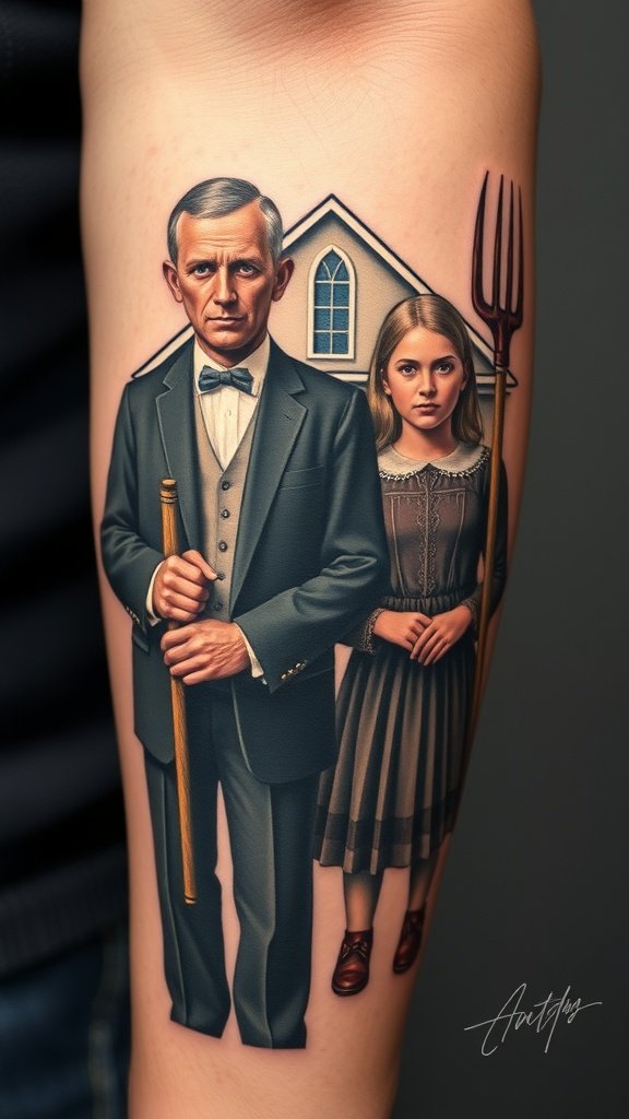 Tattoo of American Gothic featuring a farmer and his daughter standing in front of a house.
