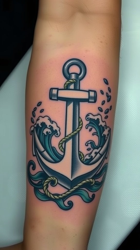 Anchor tattoo surrounded by waves