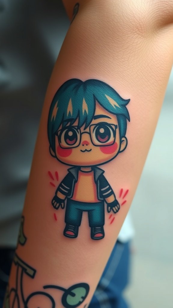Tattoo of a cute animated character with blue hair and glasses on a person's arm.