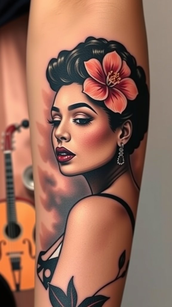 Tattoo of a woman resembling Billie Holiday with a flower in her hair and elegant features.