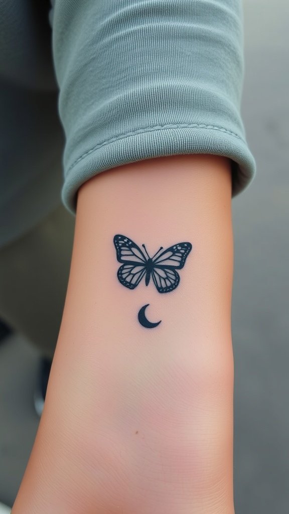 A small tattoo of a butterfly above a crescent moon on a person's arm.