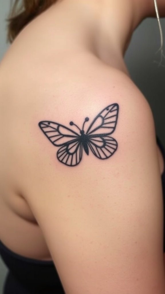 A butterfly tattoo with dots on a person's shoulder.