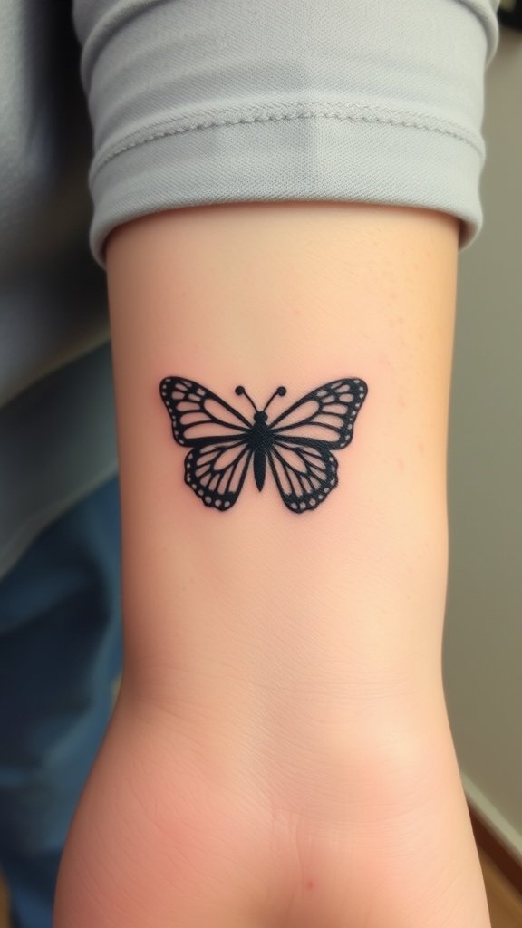 A small butterfly tattoo with heart details on a wrist.