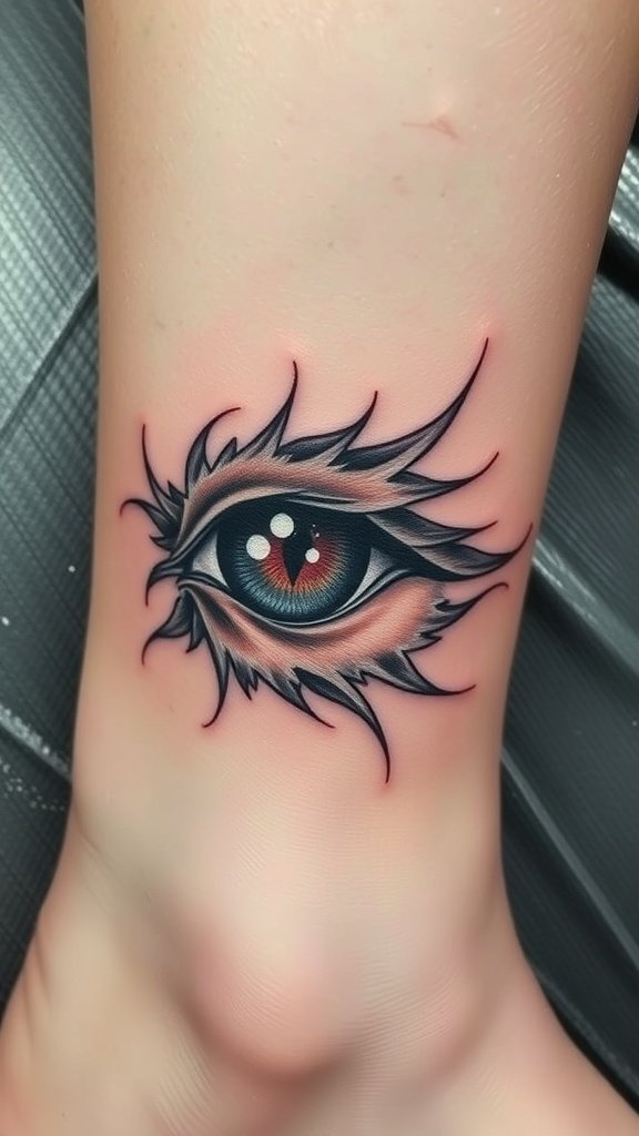 A lifelike cat eye tattoo design on the skin.