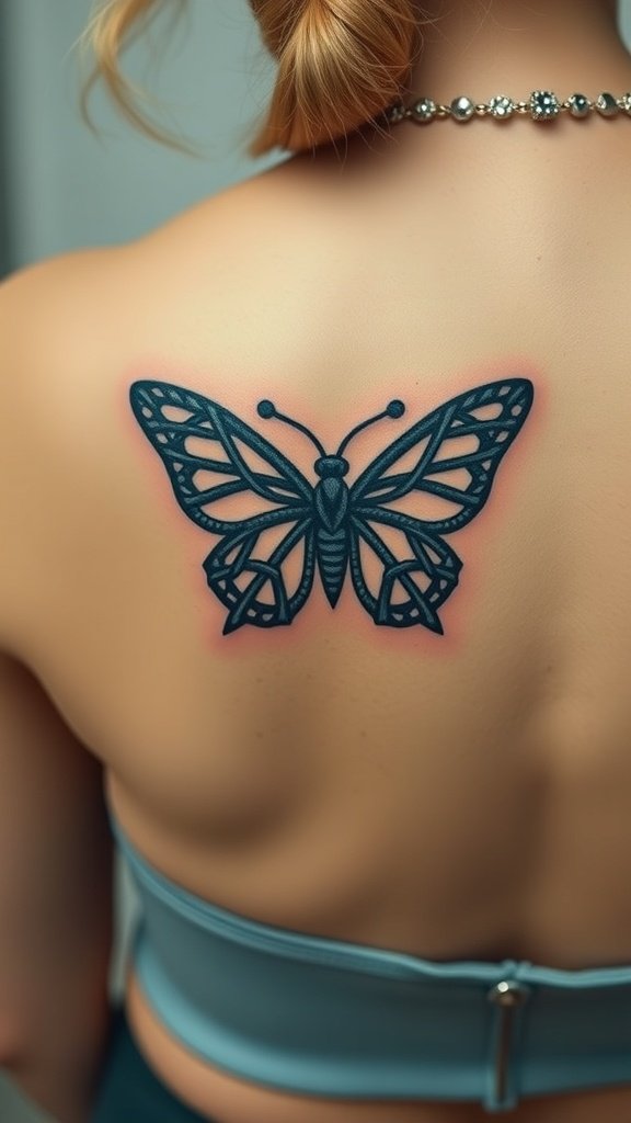A person with a Celtic knot butterfly tattoo on their back, showcasing intricate designs.