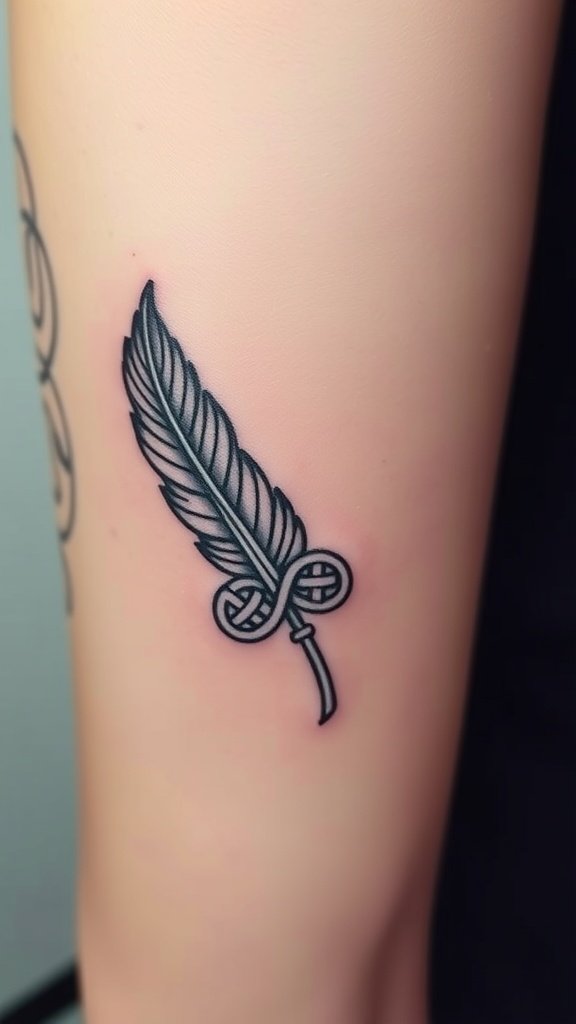 A tattoo of a feather with a Celtic knot design.