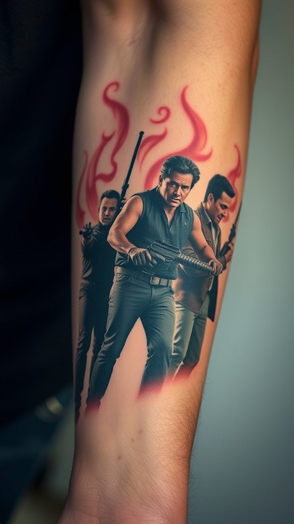 A tattoo featuring cinematic characters with flames in the background.