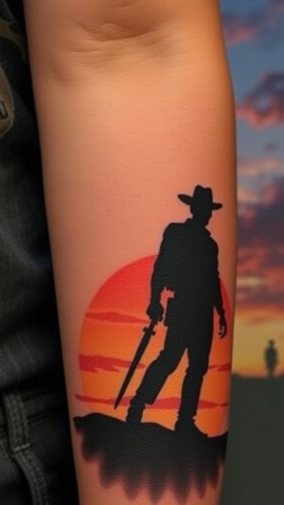 Tattoo of a character silhouette against a colorful sunset