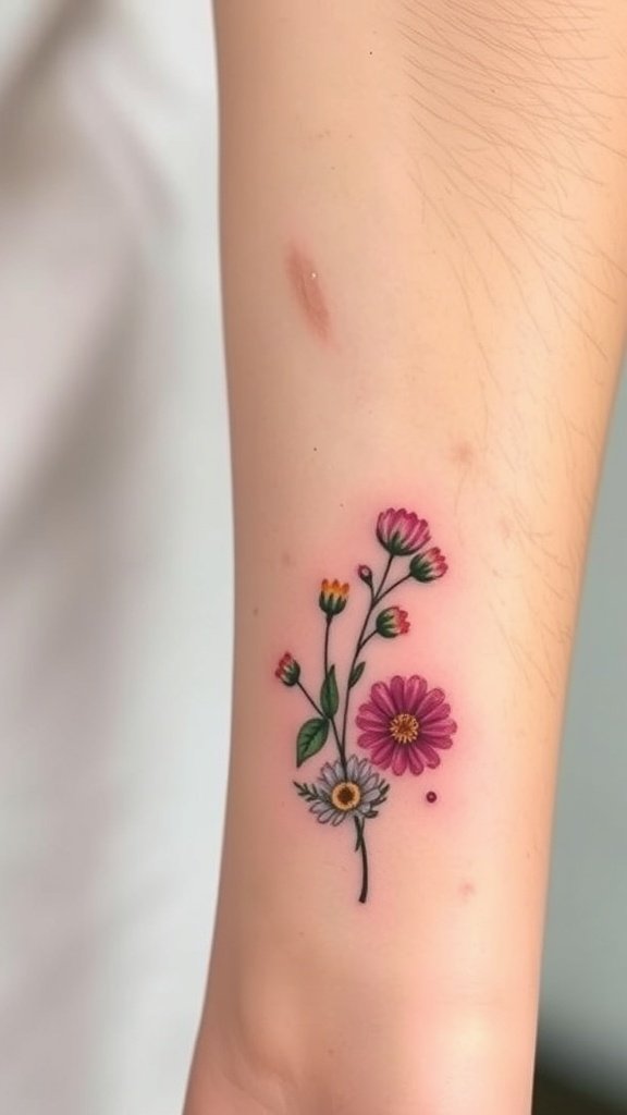 A colorful wildflower bouquet tattoo on a person's arm.