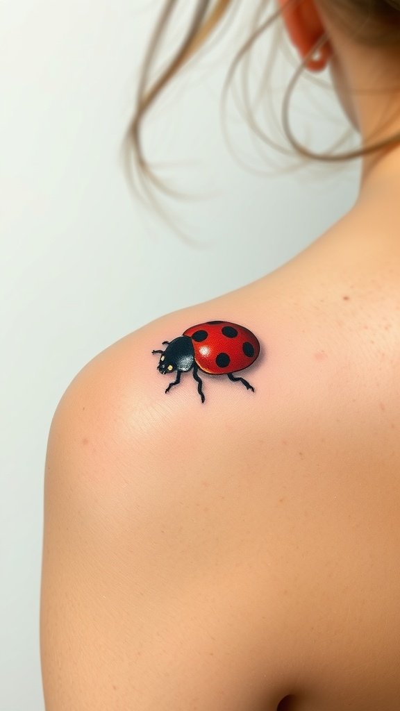 A minimalist ladybug tattoo on a shoulder.