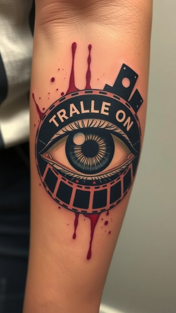 Tattoo of an eye with film elements and blood splatters