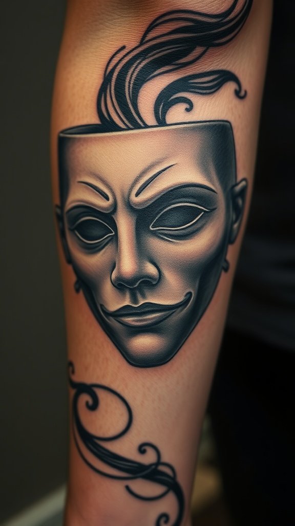 A detailed tattoo of a mask with flowing hair, showcasing cinematic artistry.