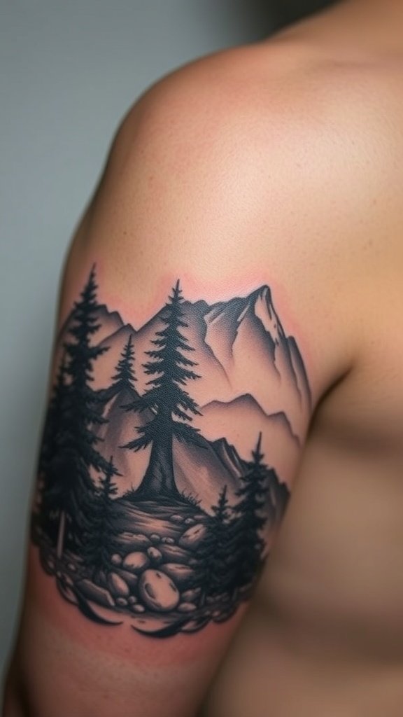 Tattoo of a mountain landscape with trees and rocks on a person's shoulder