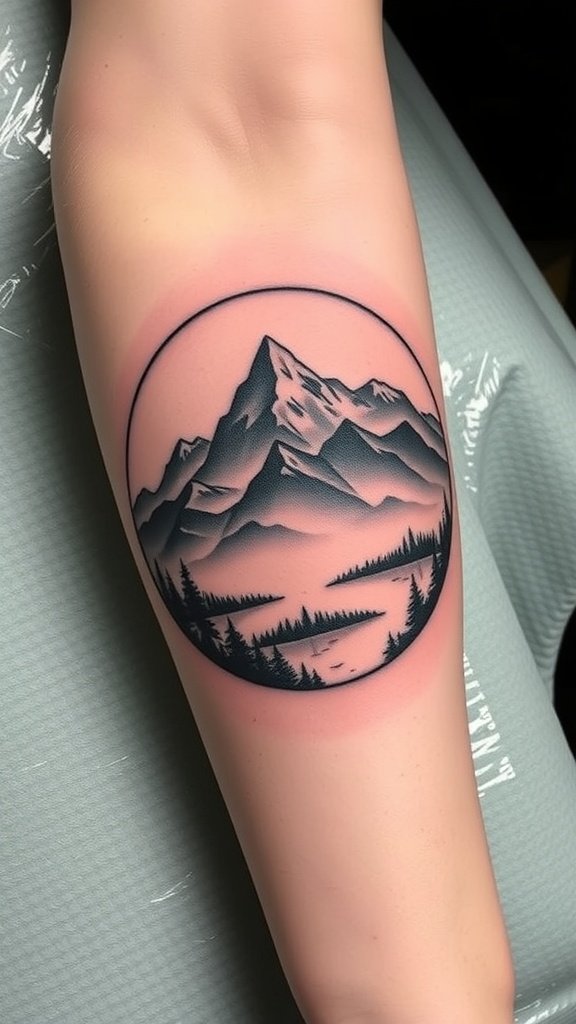 A circular mountain scene tattoo featuring mountains and trees.